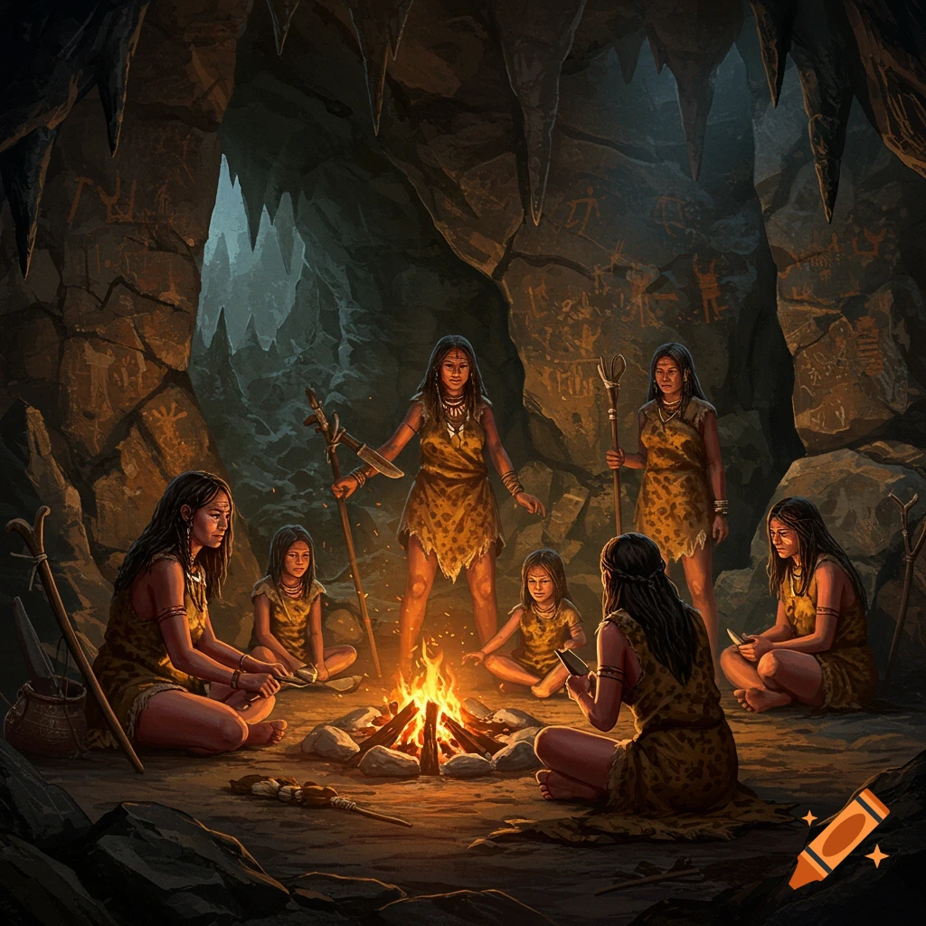 Cave women gathered around a campfire in a dark cave with ancient pictographs on the walls.