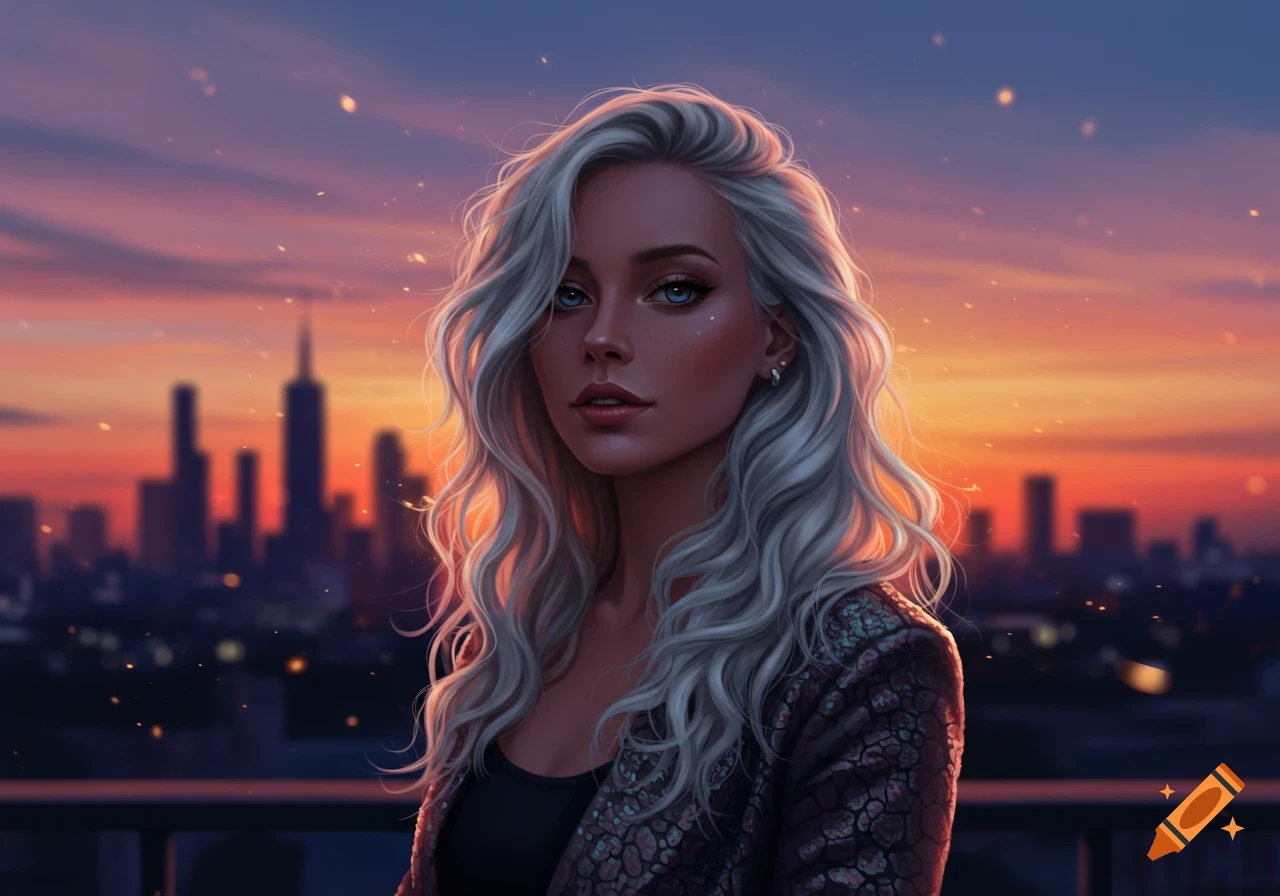 Digital art portrait of a young woman with long white hair and blue eyes, set against a sunset city skyline.