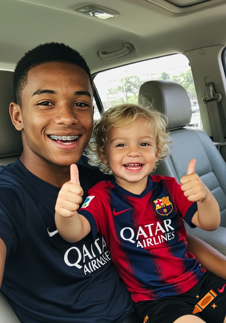 A young man with braces and a toddler in a soccer jersey smile and give thumbs up in a car.