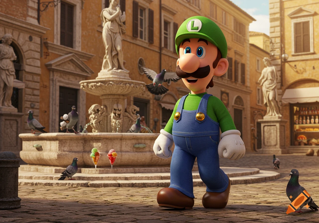 Photorealistic 3D render of Luigi standing in a sunlit Italian town square with a fountain, statues, and pigeons.