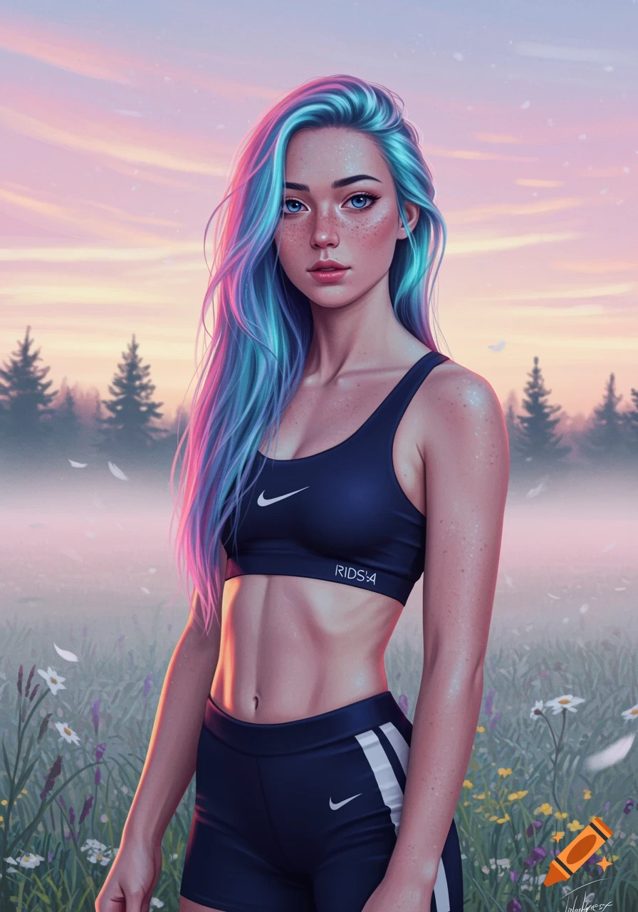 A young woman with colorful hair and freckles stands in a field at sunset, wearing a dark blue sports bra and shorts.