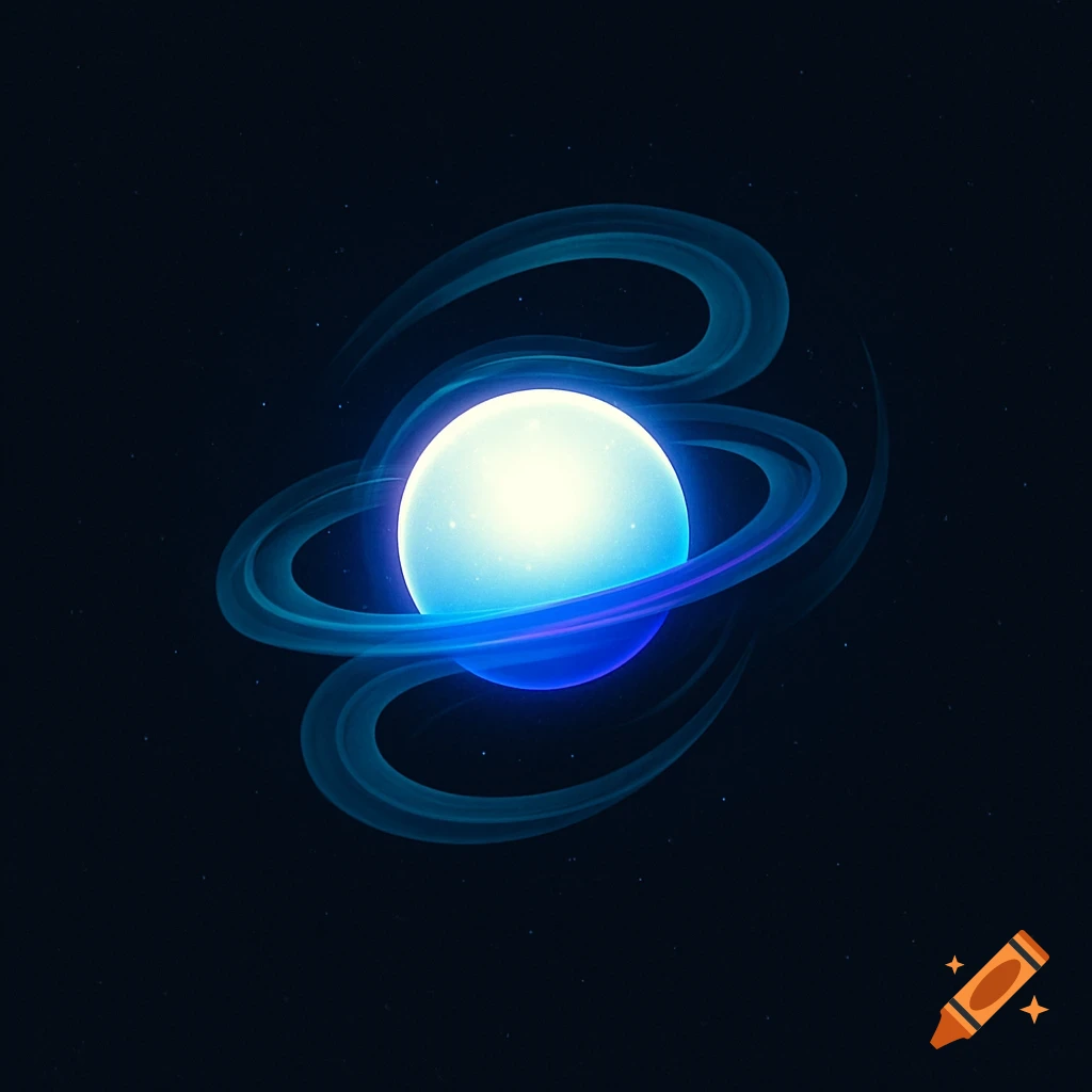 A glowing blue and white sphere with swirling translucent rings against a dark, starry background.