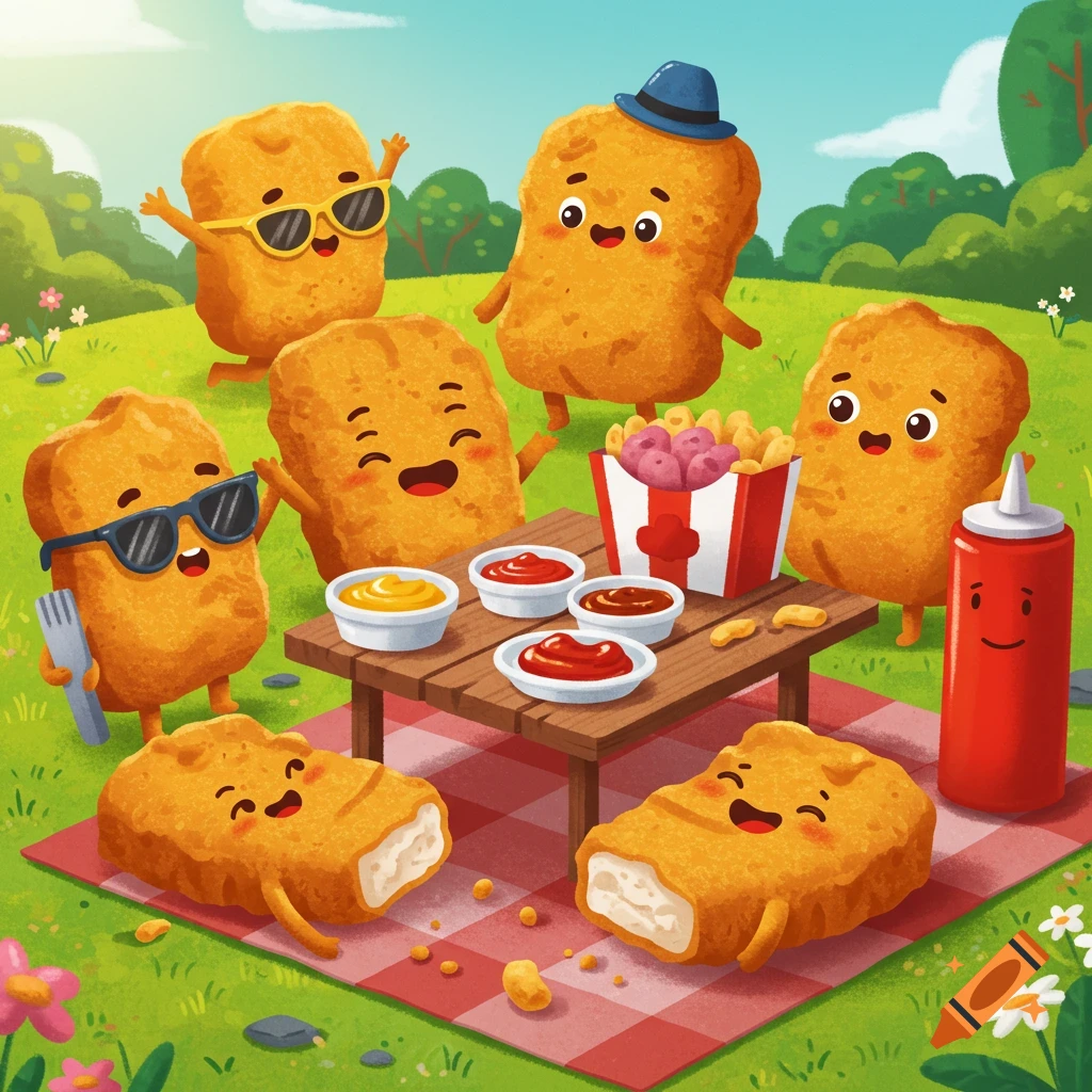 Cartoon chicken nuggets having a picnic with dipping sauces, fries, and ketchup bottle in a park.