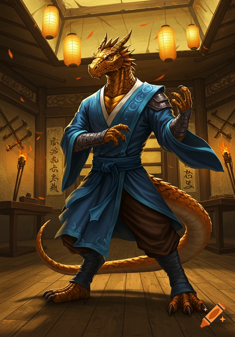 A golden-scaled Brass Dragonborn monk in a blue kimono stands in a martial arts stance in a dimly lit dojo with hanging lanterns and scrolls.