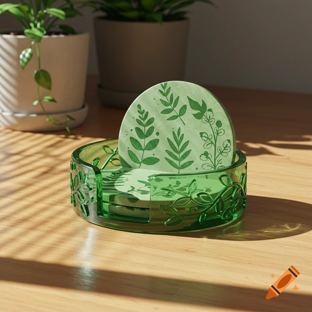 A clear green coaster holder with etched leaf designs holds round, light green coasters decorated with darker green leaf patterns, sitting on a wooden surface with sunlight.