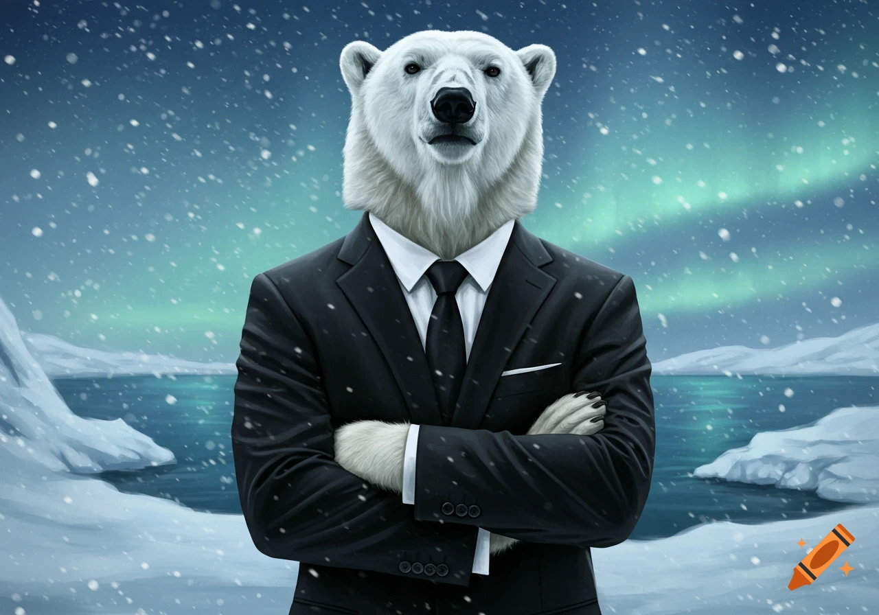 A photorealistic anthropomorphic polar bear in a black business suit, arms crossed, in a snowy arctic landscape with aurora borealis.
