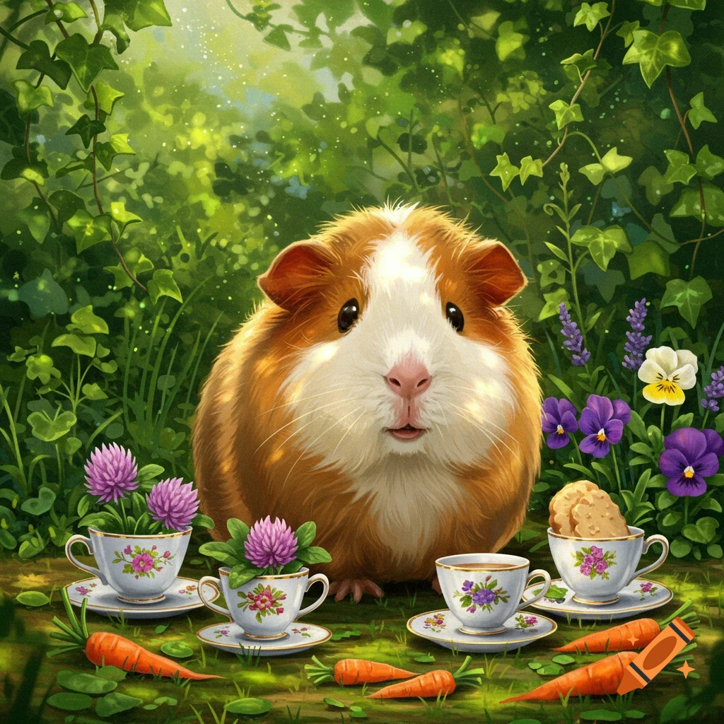 A fluffy guinea pig sits in a lush green garden surrounded by purple and white flowers, tiny teacups with clover flowers, and carrots.