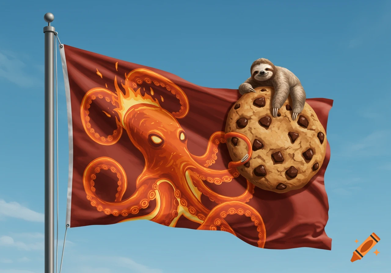 A red flag with a flaming orange kraken, a giant chocolate chip cookie, and a smiling sloth perched on top, flying against a blue sky.
