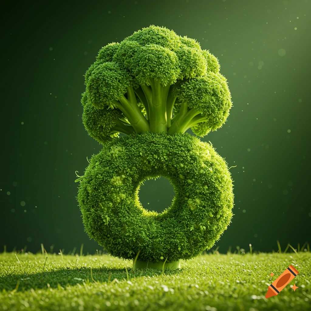 A green broccoli floret shaped like the number 8 stands on a patch of grass with a dark green background.