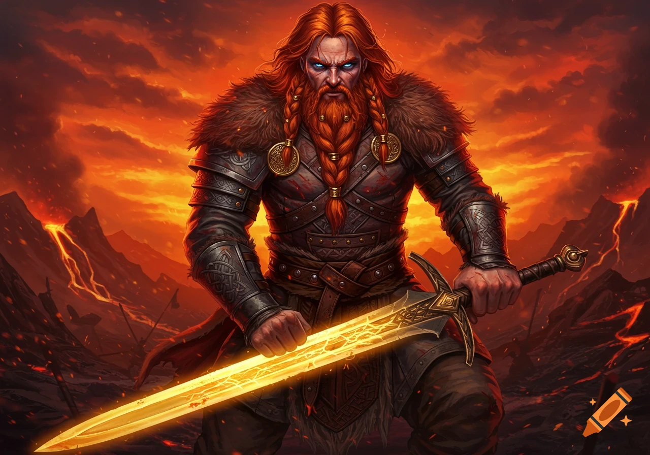 A red-haired warrior with a braided beard in armor, holding a glowing golden sword against a fiery, volcanic landscape.