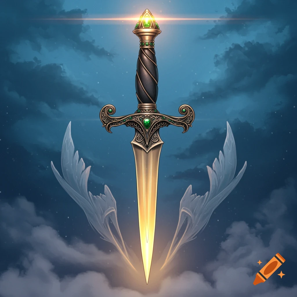 An ornate, glowing golden dagger with emeralds and intricate hilt details, pointing upwards against a dark, cloudy sky with light rays.
