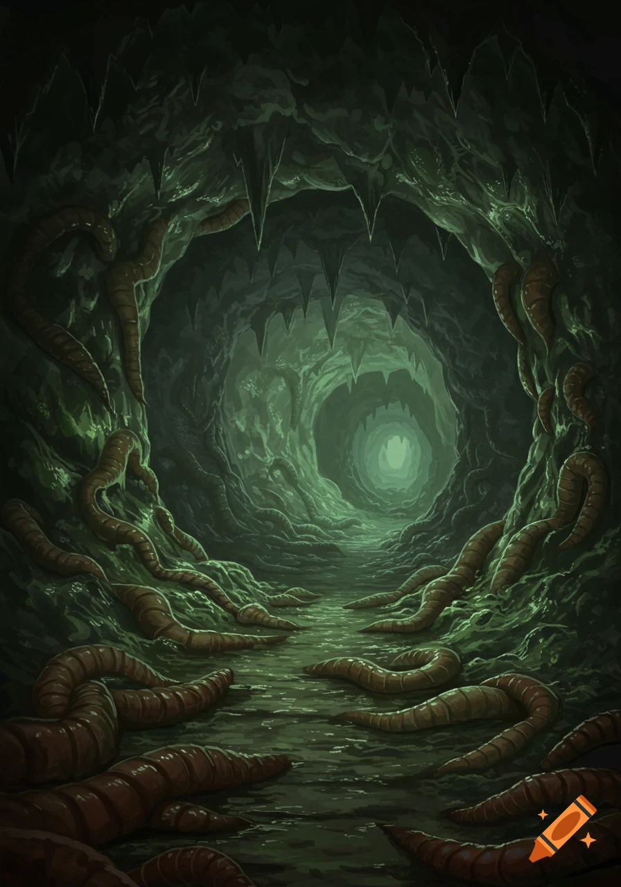 A dark, eerie cave interior with green-glowing walls, sharp stalactites, and numerous brown worms slithering on the ground and up the slimy walls towards a light at the end of the tunnel.