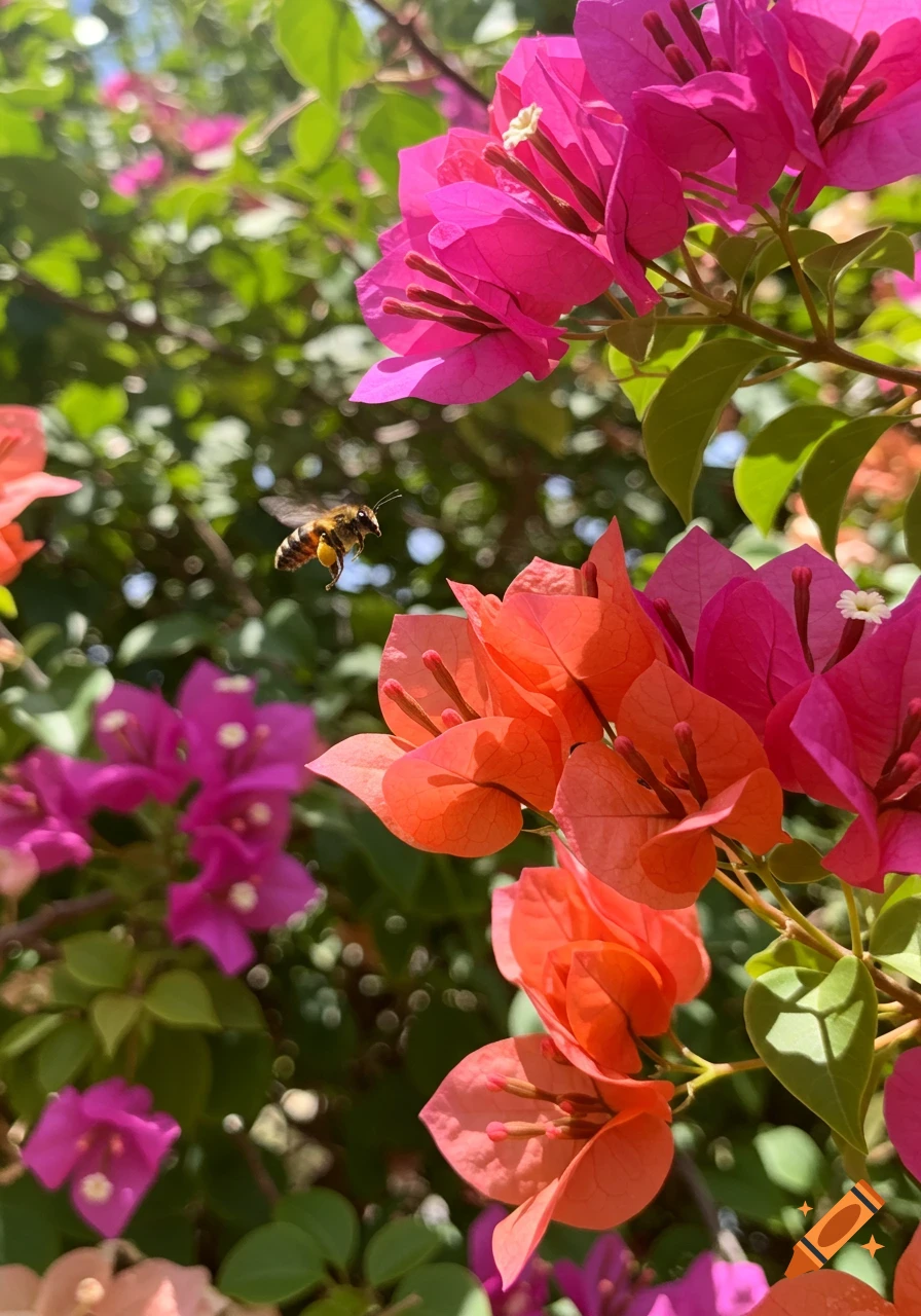A bee with pollen on its legs flies near vibrant pink and orange bougainvillea flowers, photorealistic.