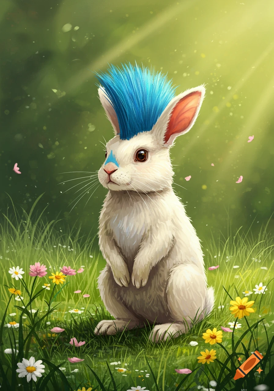 A cute white rabbit with a bright blue mohawk stands in a field of colorful wildflowers.