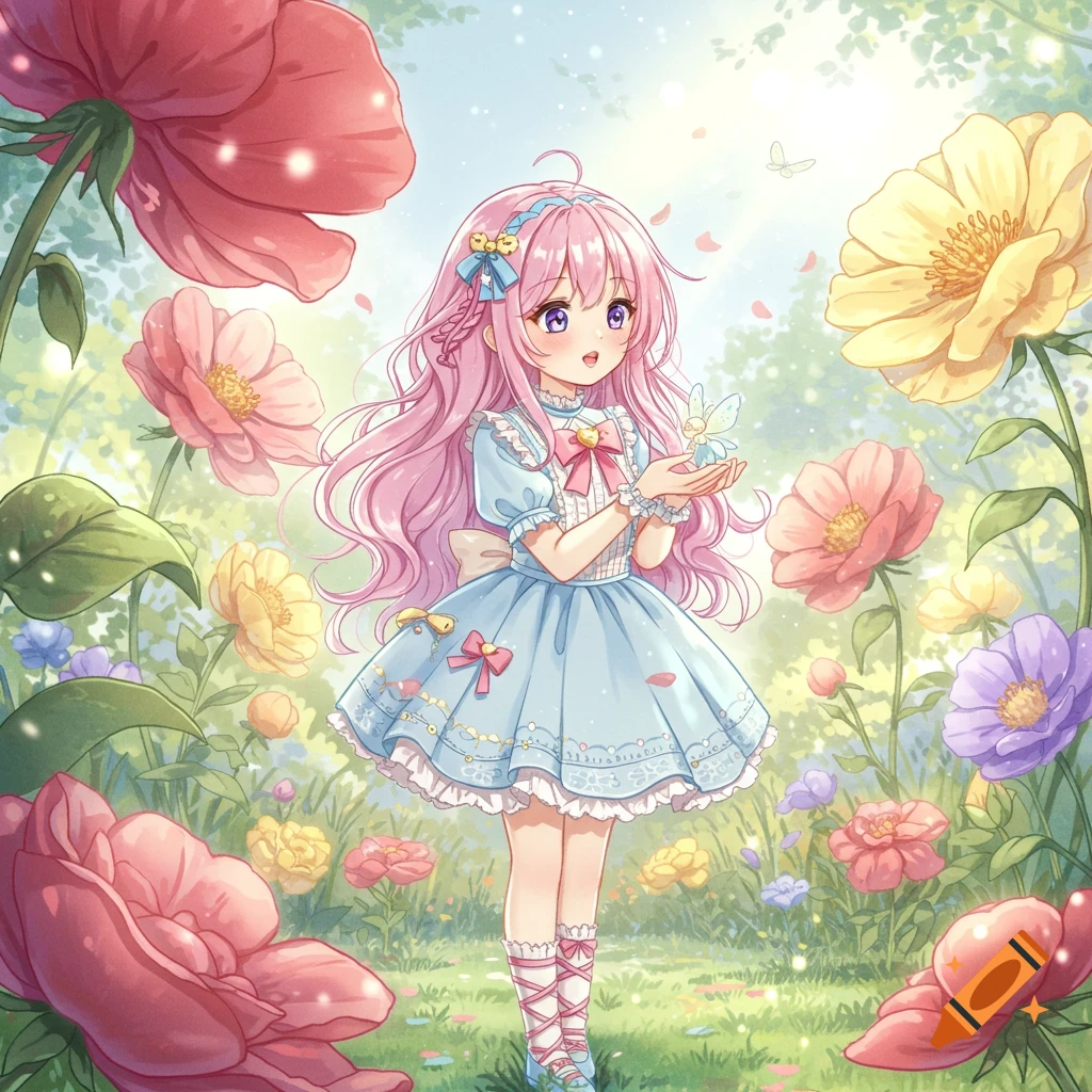 Cute anime girl with pink hair in a blue dress, holding a tiny fairy, surrounded by large colorful flowers in a bright garden.