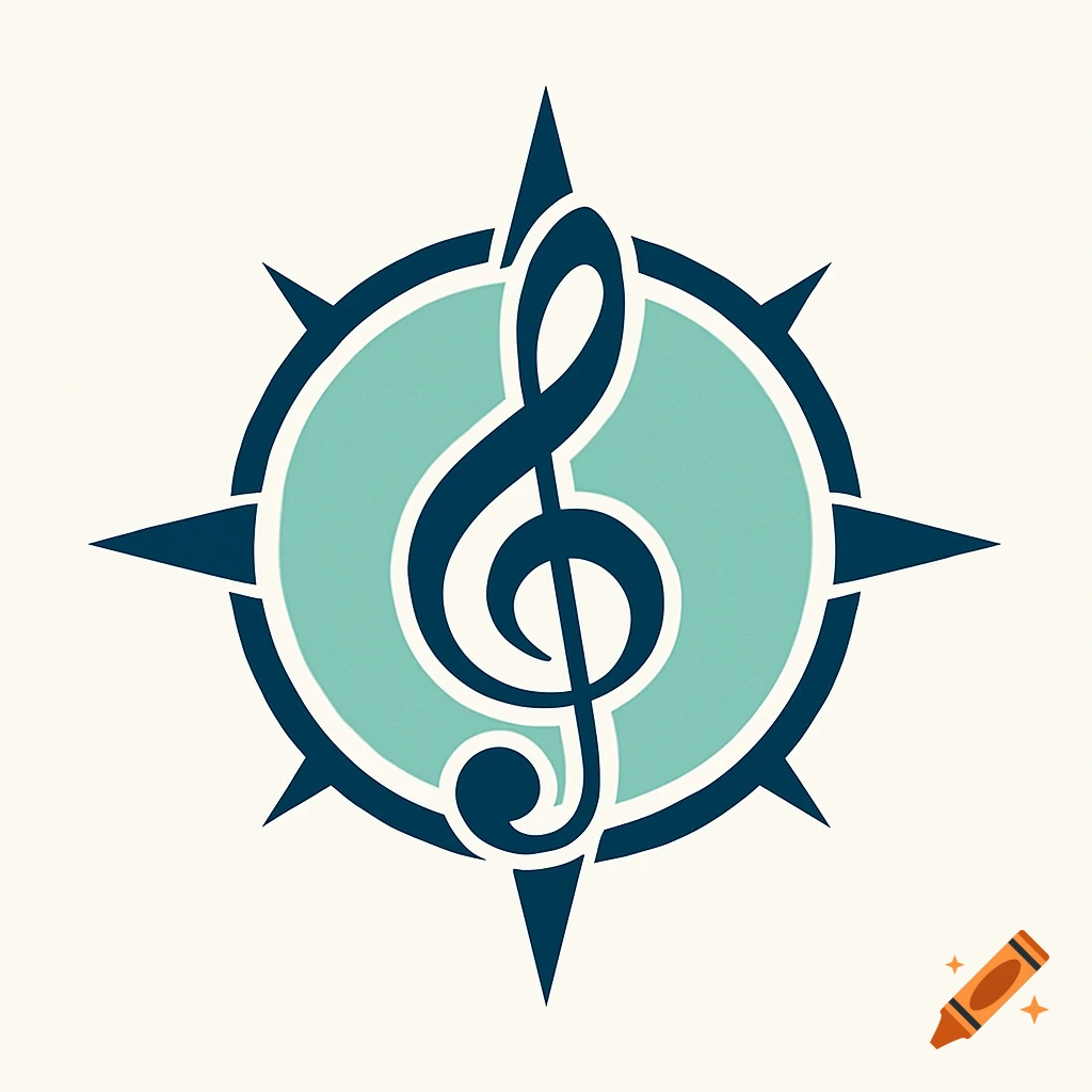 A blue treble clef musical symbol inside a green circle, which is surrounded by a dark blue compass rose on a light background.