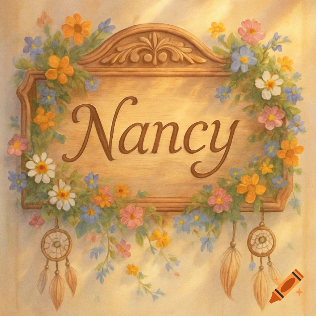 A decorative wooden sign featuring the name 'Nancy' in script, adorned with colorful flowers and two hanging dreamcatchers.