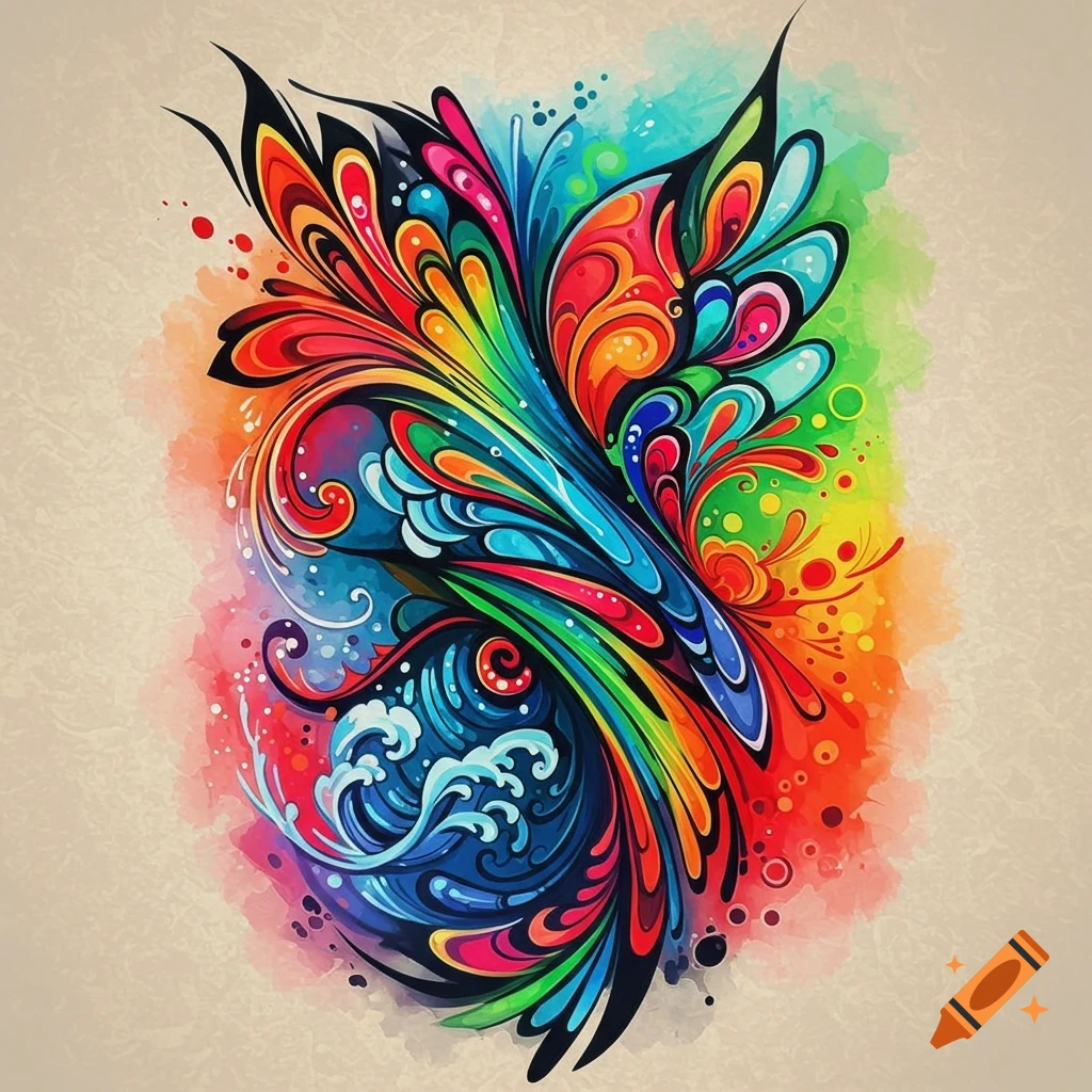 A vibrant, abstract design with flowing organic shapes in rainbow colors, resembling a stylized wing or paint splash on a light background.