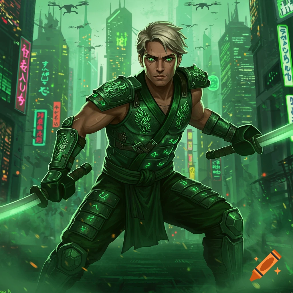 A human version of Lloyd from Ninjago in a green armored suit, holding two glowing swords, stands in a futuristic cyberpunk city with neon lights.