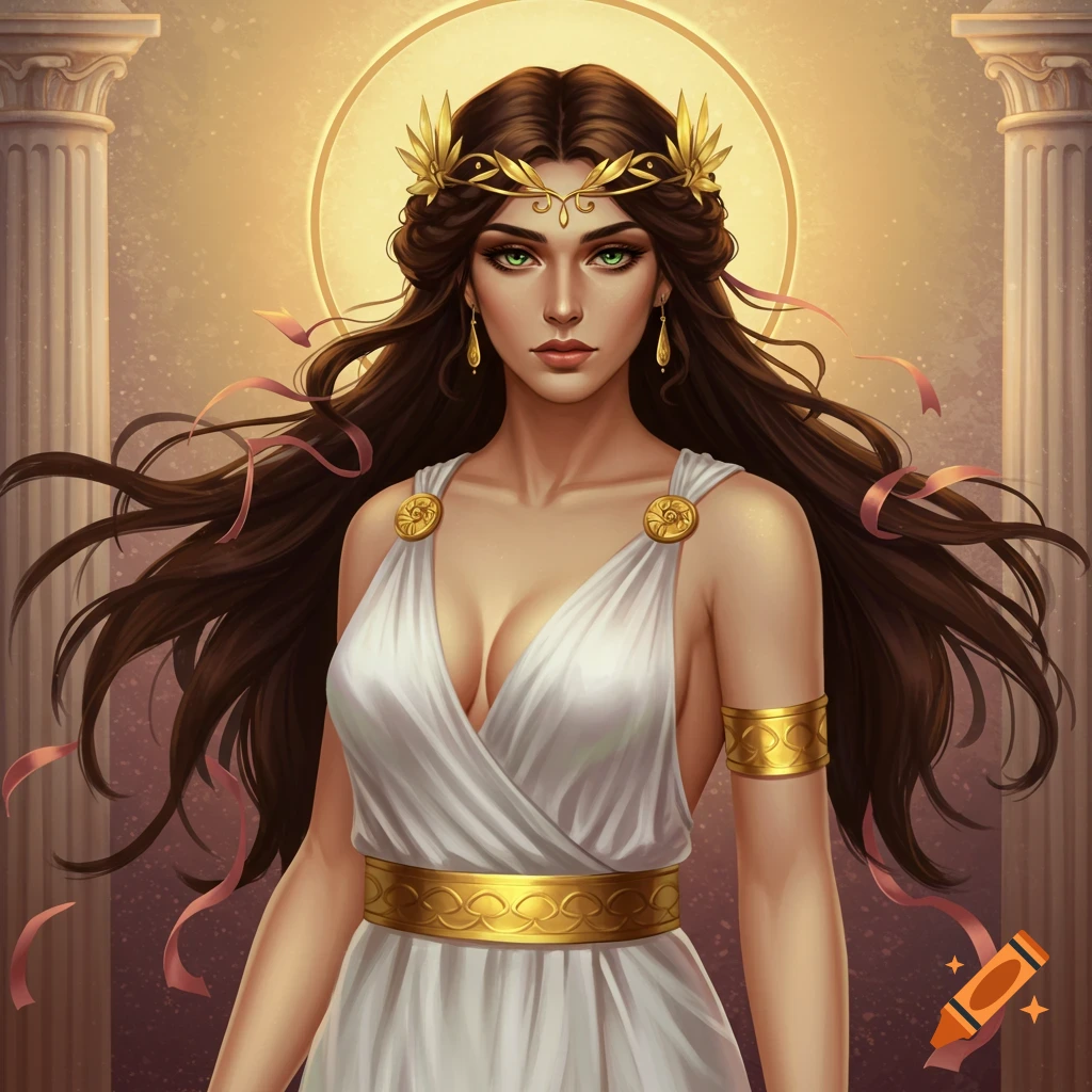 A beautiful woman, Hera, with long dark hair and green eyes, wearing a white flowing gown and golden crown, standing between classical columns.