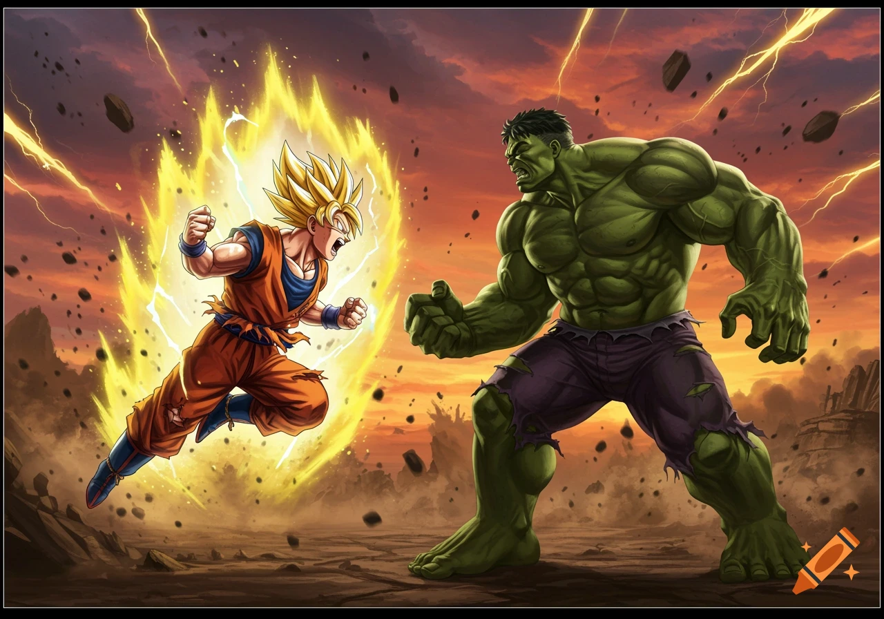 Goku in Super Saiyan form with a yellow aura faces off against the Hulk in a rocky, lightning-filled landscape in a comic book style.