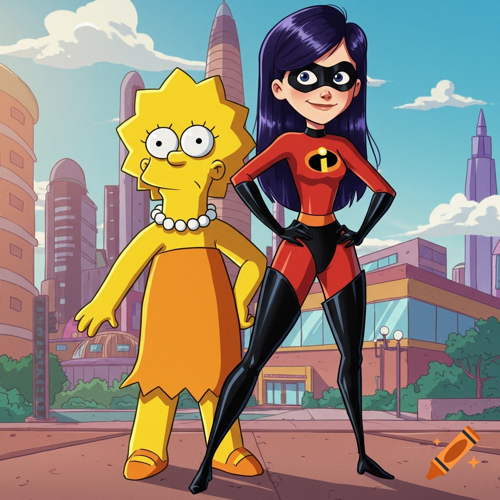 Lisa Simpson and Violet Parr from The Incredibles stand together in a city.