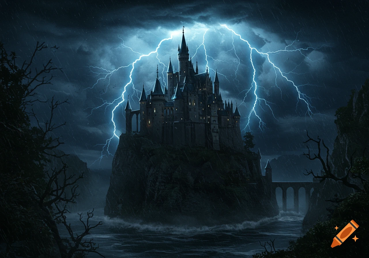 A dark, foreboding castle sits atop a rocky island in a stormy sea, illuminated by bright lightning flashes in a dramatic, dark blue sky.