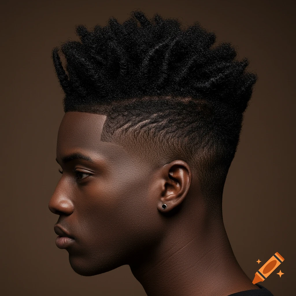 Profile of a young Black man with a high fade haircut and twists on top, wearing an earring.