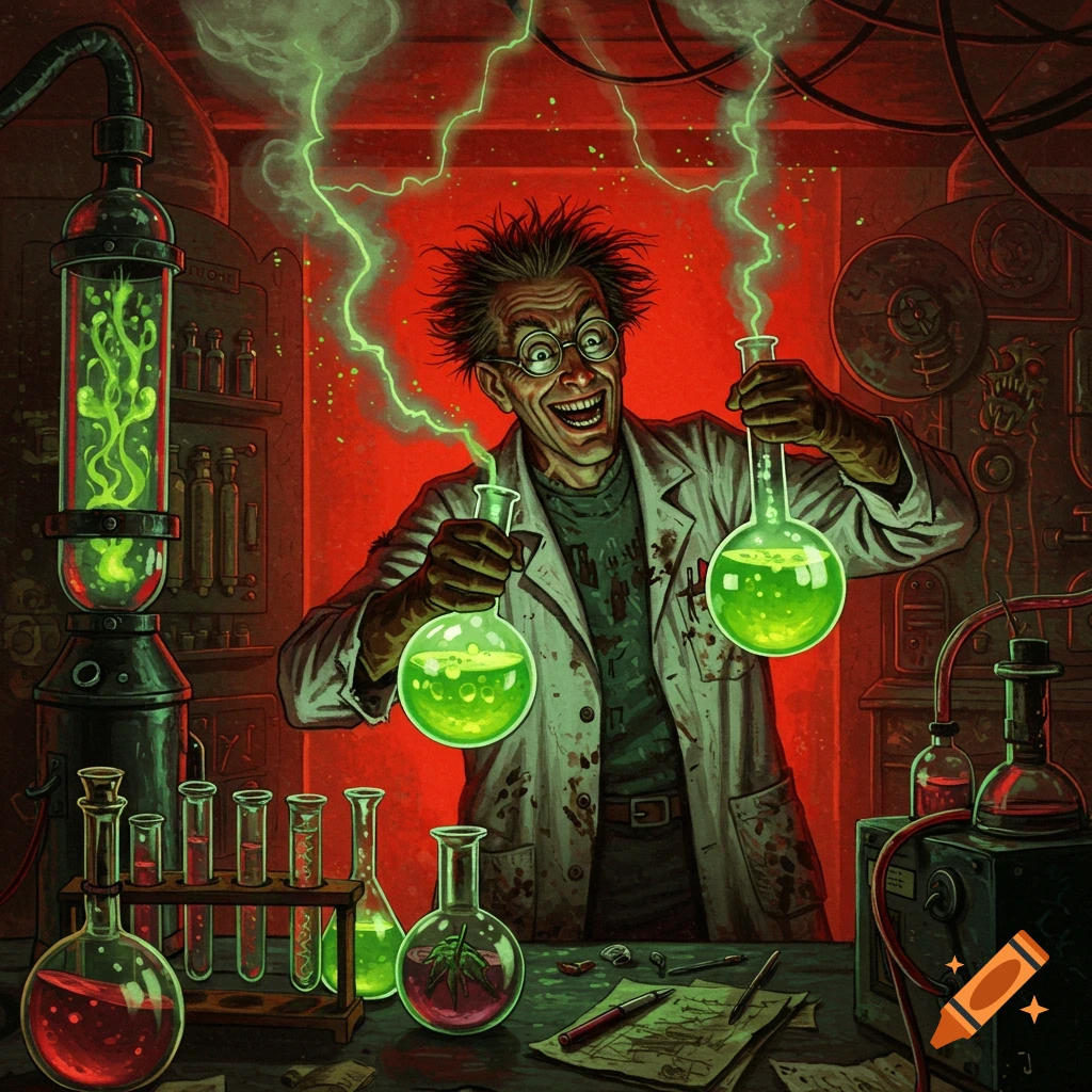A frenzied mad scientist in a lab coat grins maniacally, holding two glowing green beakers as electricity crackles around him in a retro pulp art style.