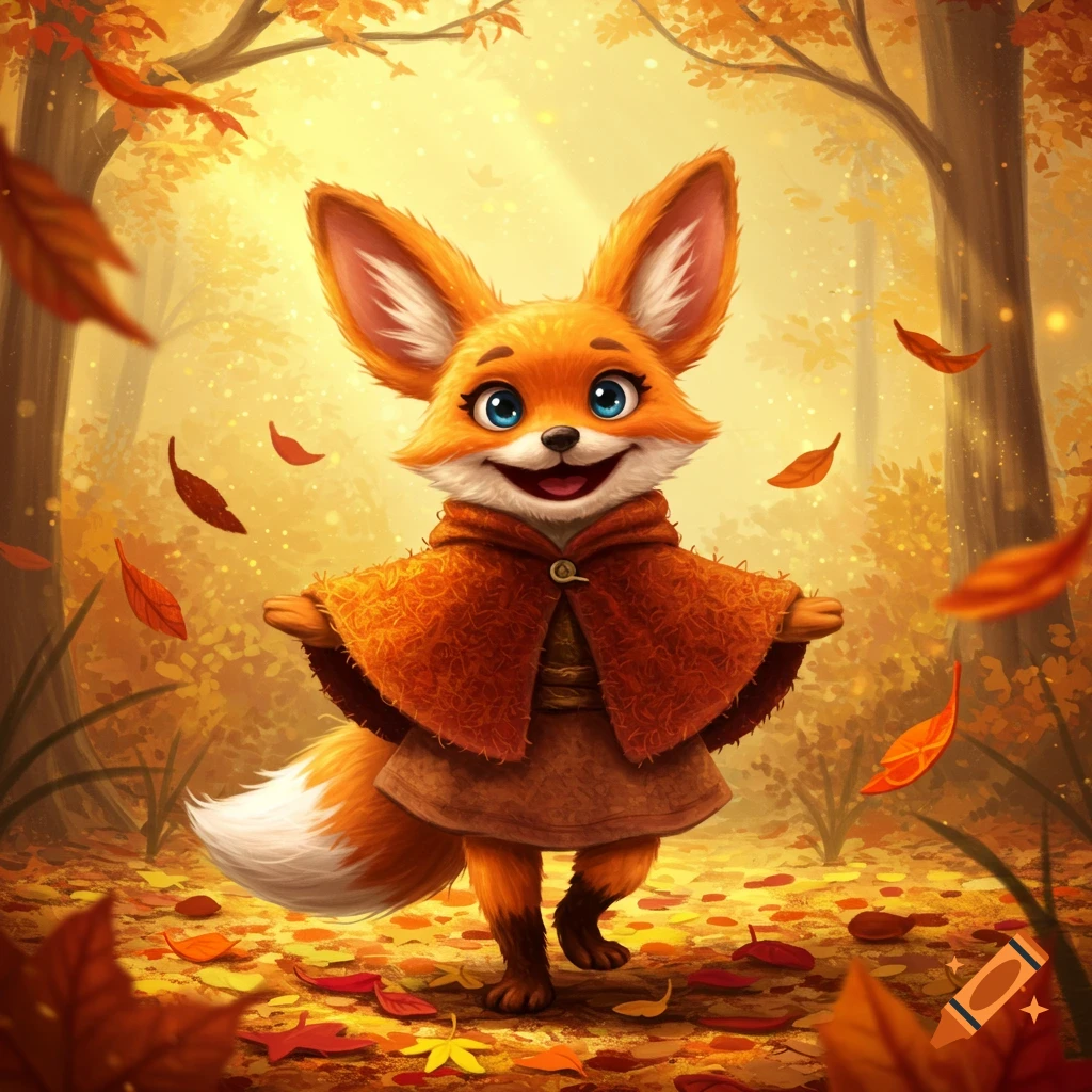 A cute, happy cartoon fox in an orange cloak stands in a golden autumn forest with falling leaves.