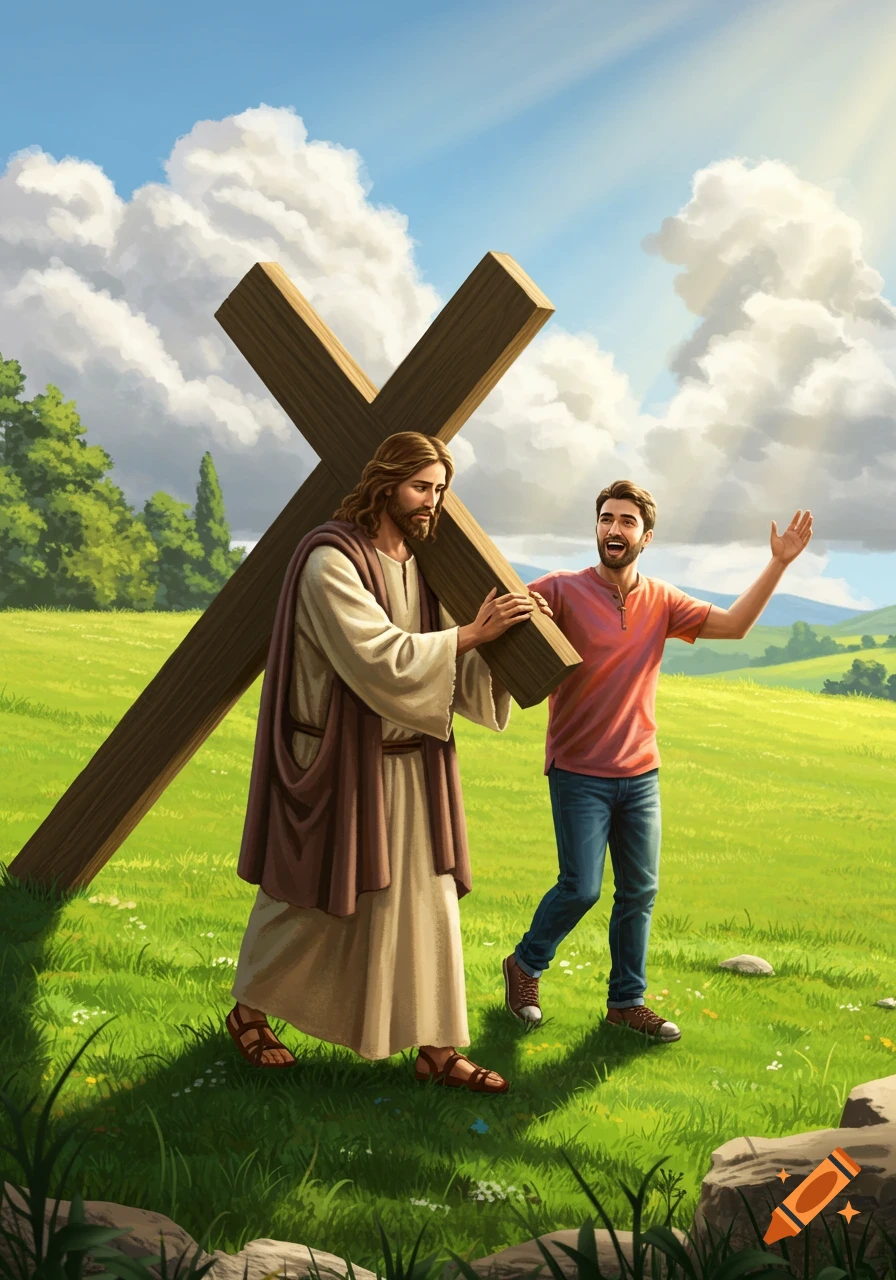 Jesus carries a large cross as a smiling man walks beside him in a vibrant, illustrated grassy landscape.