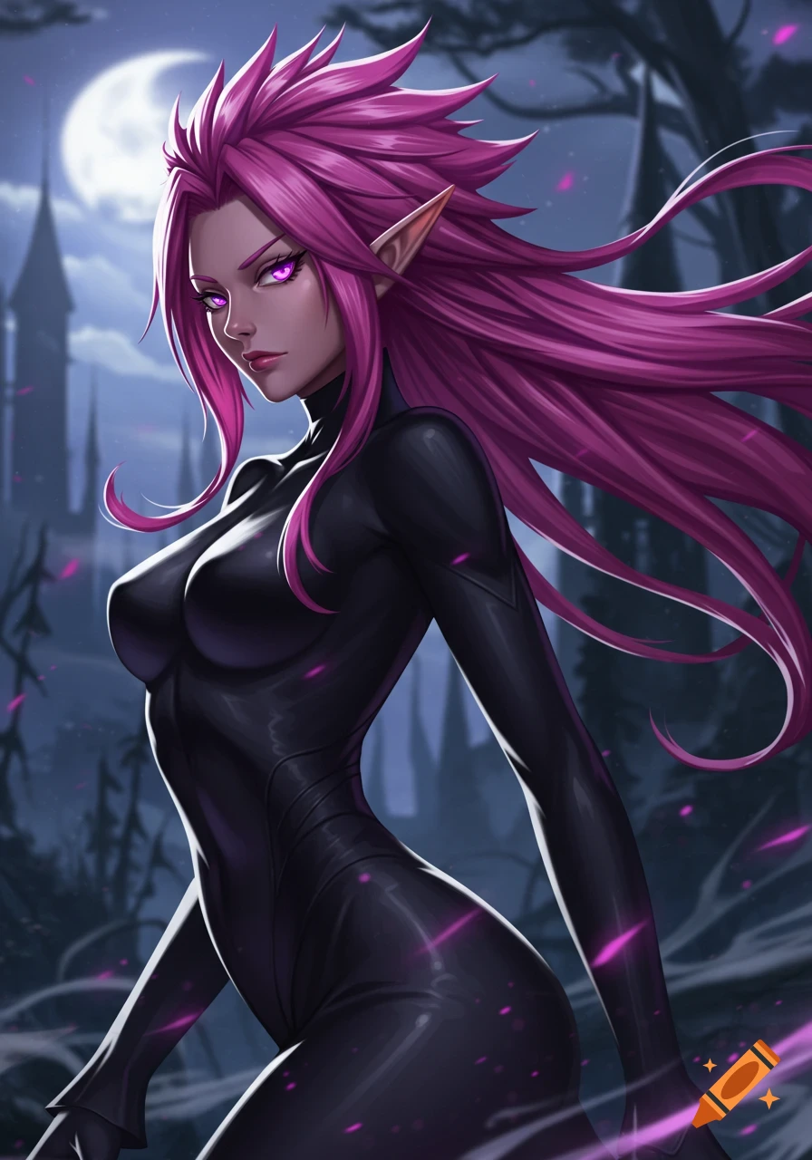 Anime style artwork of a female elf with long pink hair and violet eyes in a black form-fitting outfit, standing under a full moon with a gothic castle behind her.