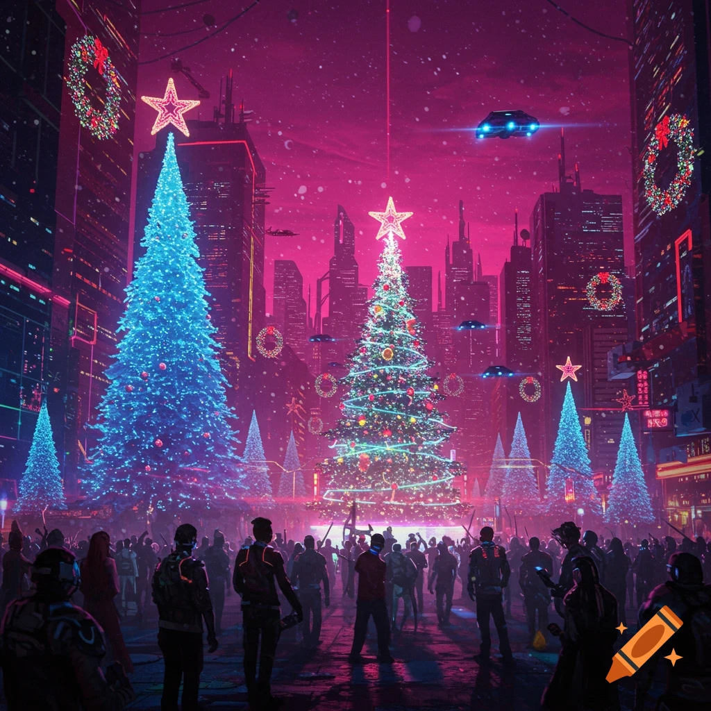 A vibrant cyberpunk city street decorated for Christmas with neon-lit trees and a crowd of people, under a pink and purple sky with flying vehicles.