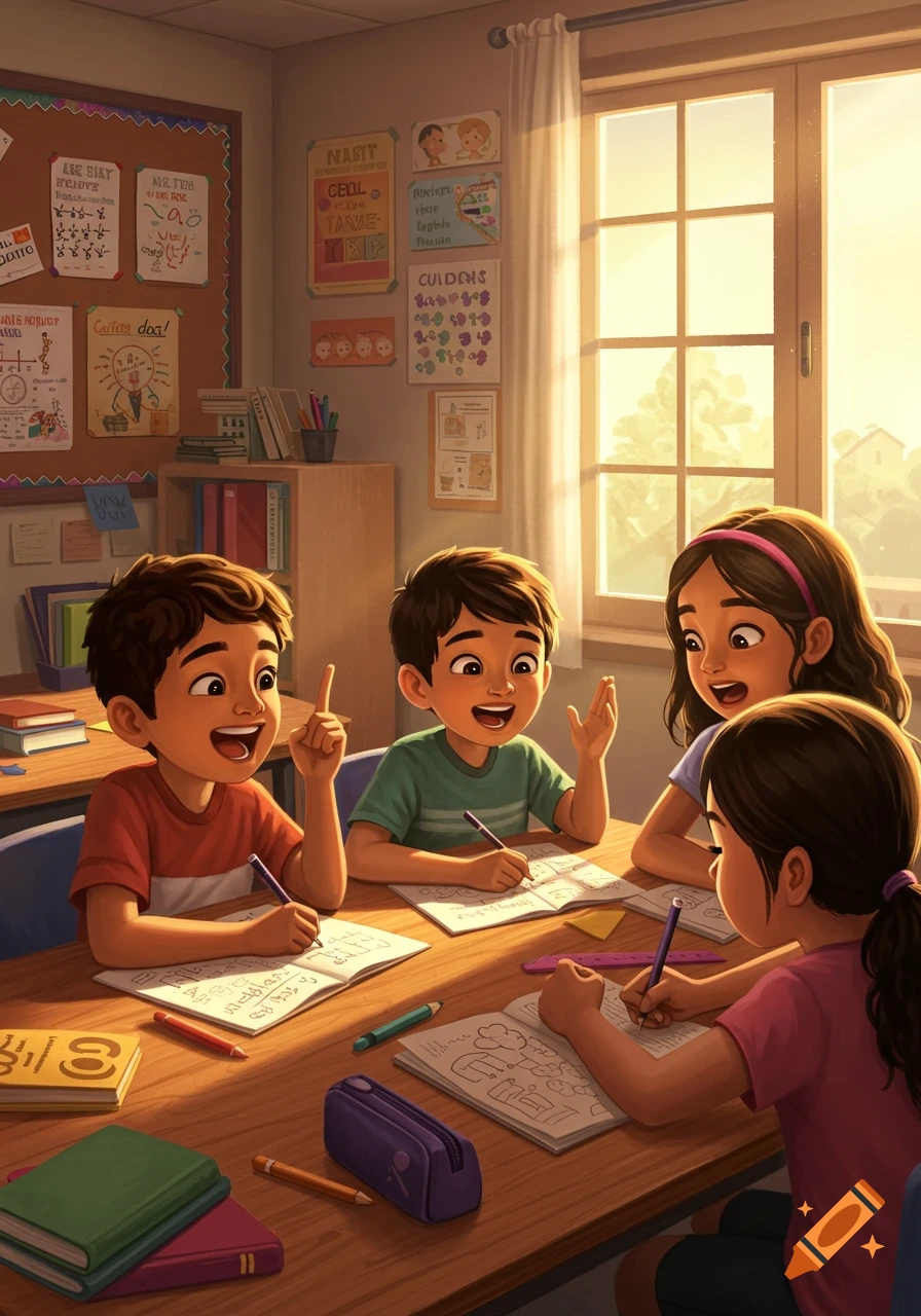 Four young students, two boys and two girls, are seated at a wooden table in a sunlit classroom, engaged in a discussion while writing in their notebooks.
