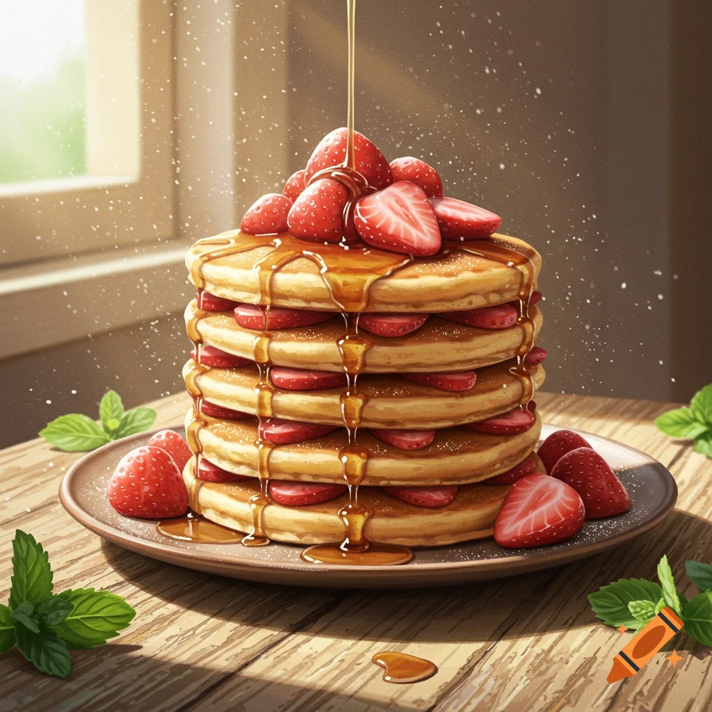 A stack of pancakes topped with strawberries and drizzled with maple syrup, on a wooden table next to a window.