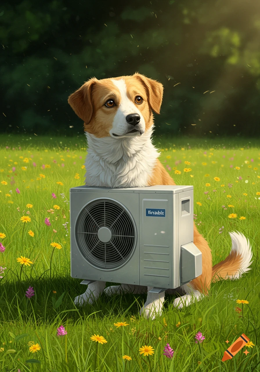 A brown and white dog with an air conditioning unit for a body sits in a vibrant green field with yellow and pink flowers.