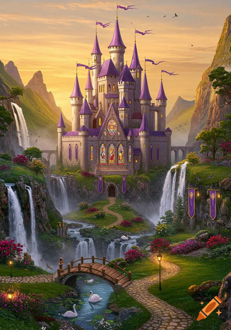 A majestic purple castle surrounded by lush green valleys, multiple waterfalls, serene rivers with swans, and winding pathways under a golden sunset.