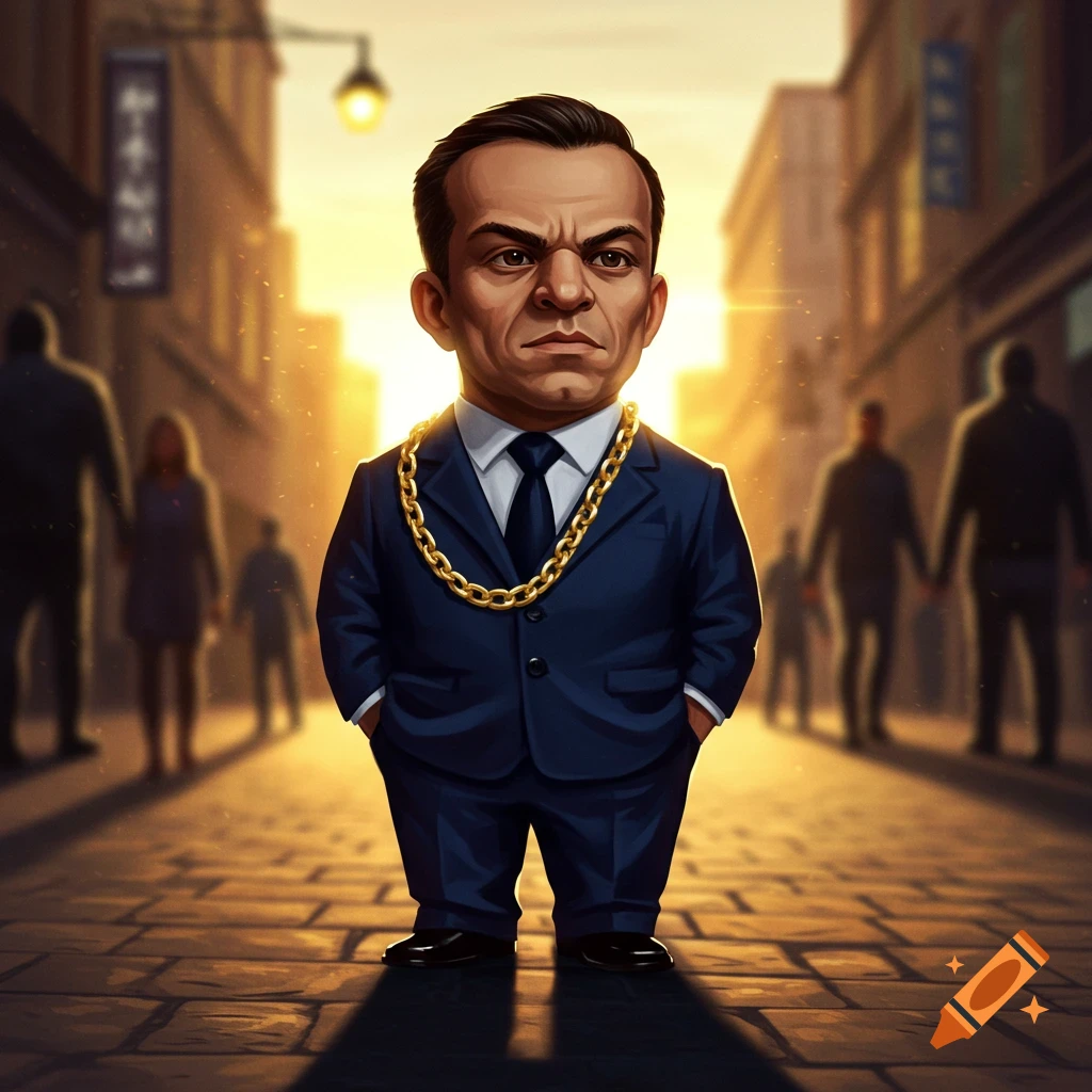 Cartoonish little man in a dark suit and gold chain stands on a cobblestone street at sunset with blurry figures.