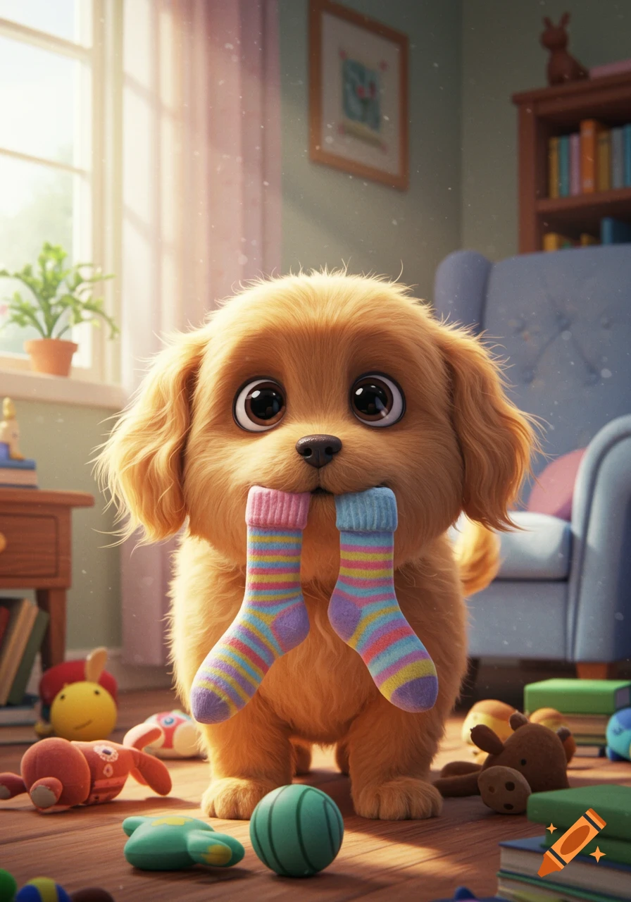 An adorable golden-brown puppy with big eyes holds two colorful striped socks in its mouth, standing on a wooden floor amidst toys in a bright room.