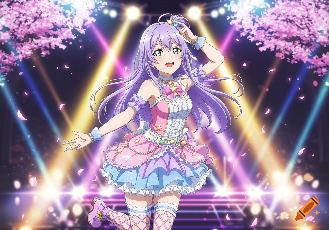 An anime idol with long purple hair and a colorful frilly pink and blue dress smiles on a stage with bright spotlights and pink cherry blossoms.