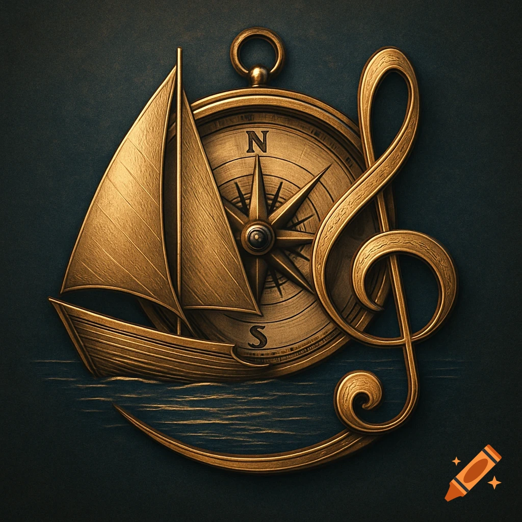 Golden emblem of a sailboat, compass with N and S, and a treble clef on a dark background.
