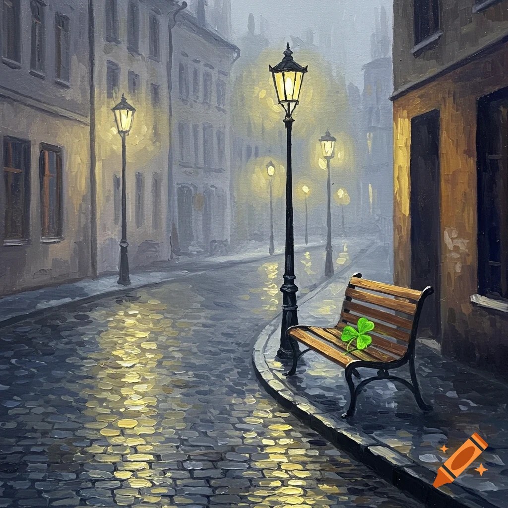 A moody oil painting of a rainy old city street with glowing street lamps, a wooden bench, and a four-leaf clover.