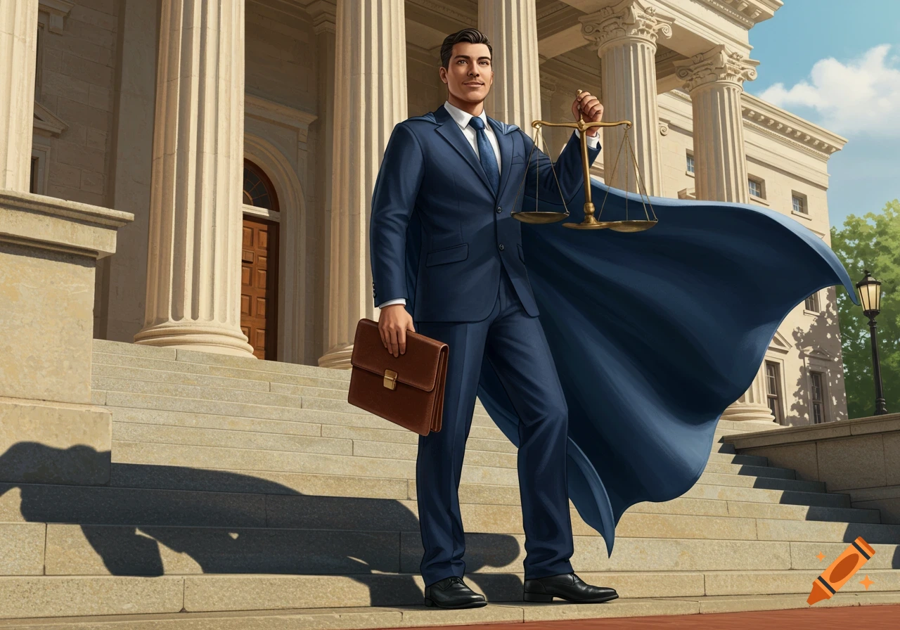 A male lawyer in a blue suit and cape stands on courthouse steps, holding scales of justice and a briefcase.