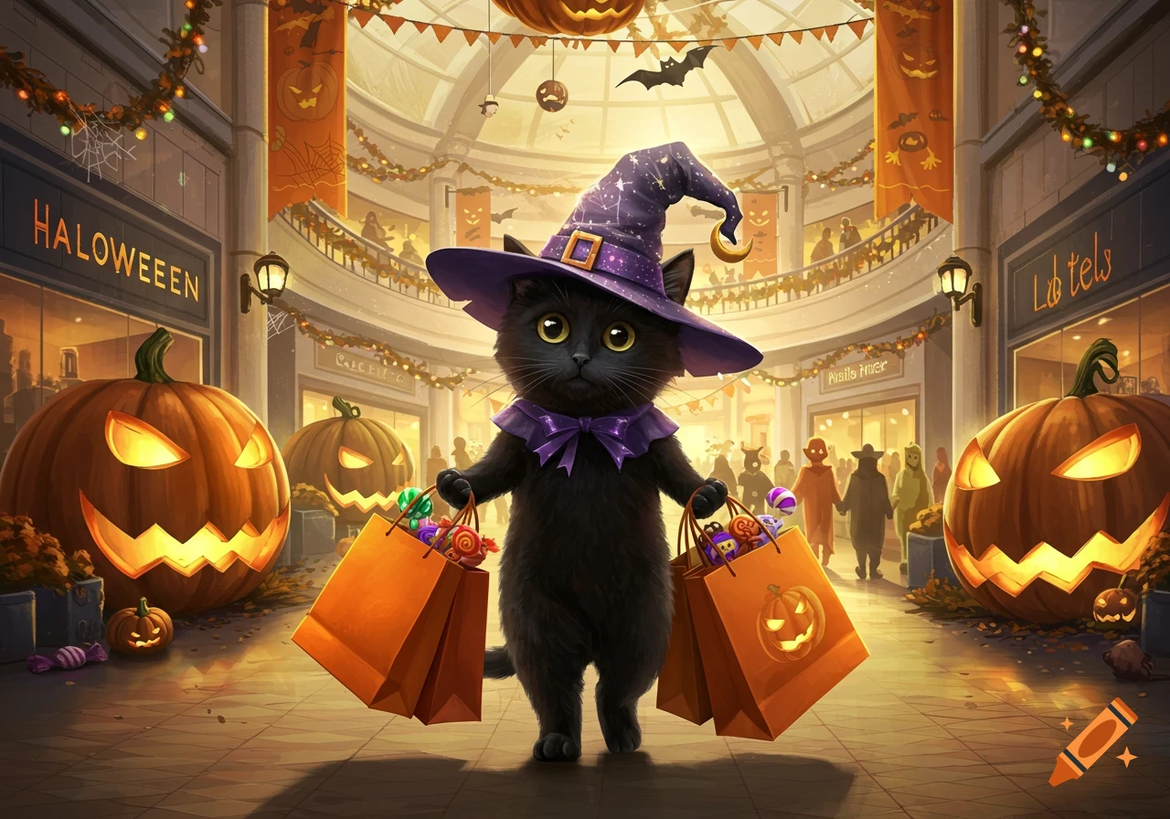 A cute black cat wearing a purple wizard hat and bow, holding two orange shopping bags full of candy, stands in a Halloween-decorated mall.