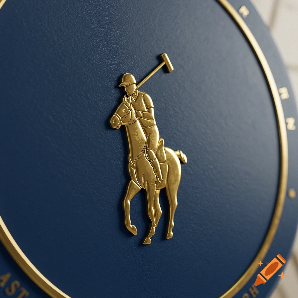 Close-up of a golden 3D Polo Ralph Lauren logo, featuring a polo player on a horse, against a textured dark blue background with a golden circular border.