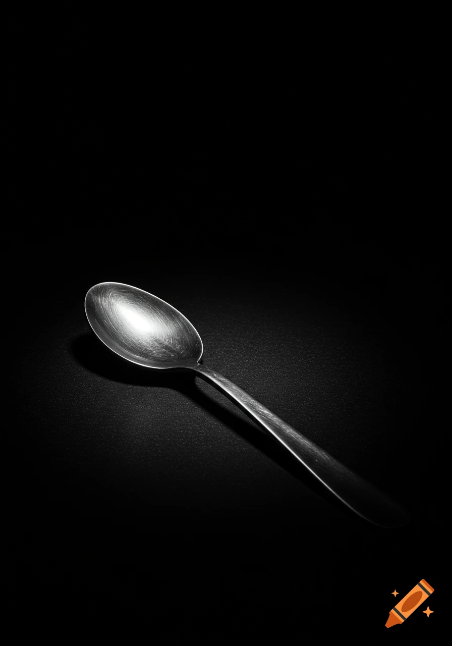 A dramatic black and white photograph of a silver spoon resting on a dark surface, illuminated by a harsh spotlight.