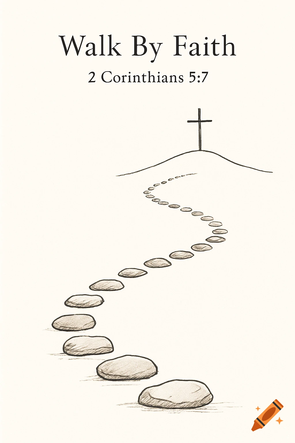 Line art drawing of a path of stones leading up a hill to a cross, with the text 'Walk By Faith 2 Corinthians 5:7' at the top.