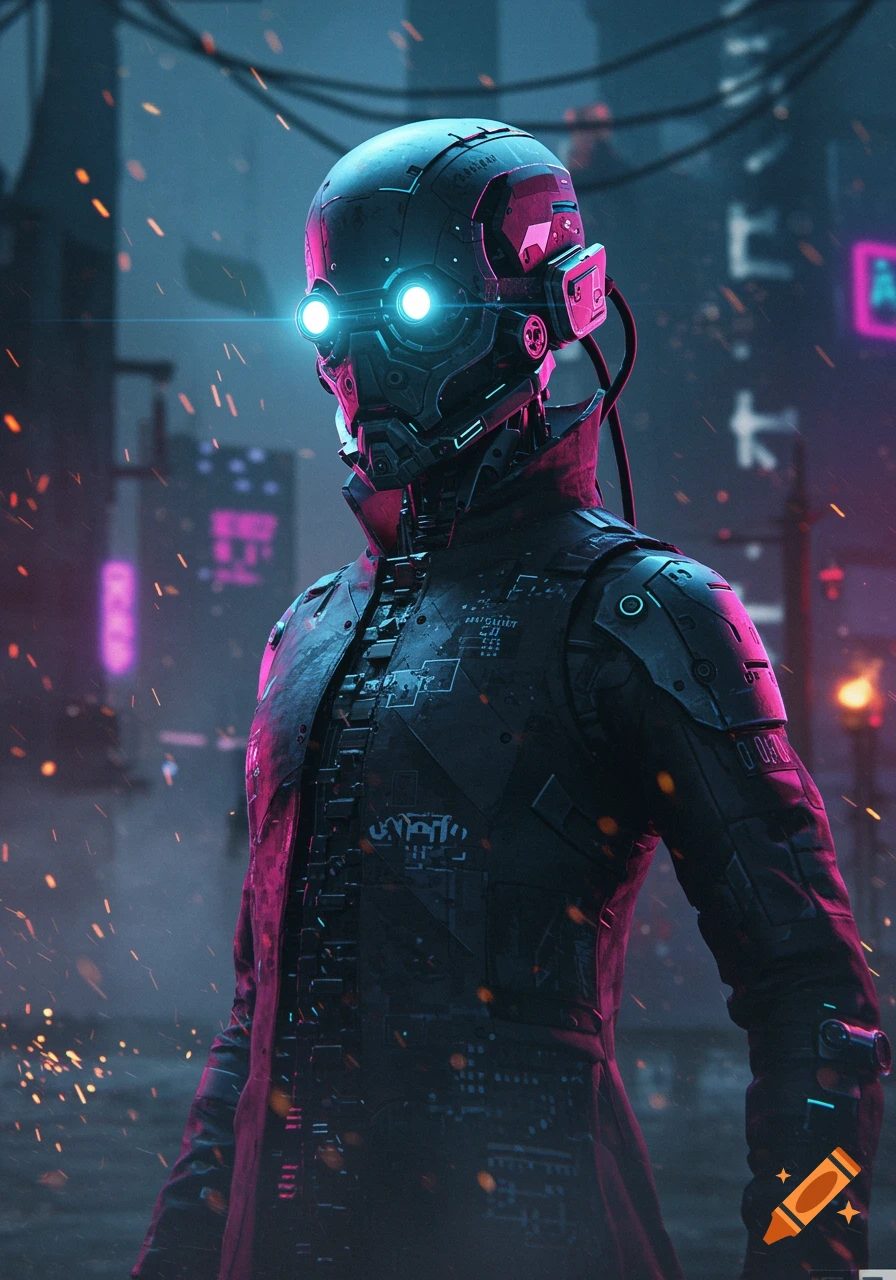 A dark, atmospheric image of a humanoid robot with glowing blue eyes and a dark coat, standing in a cyberpunk city at night with neon lights and sparks. Stylized illustration.