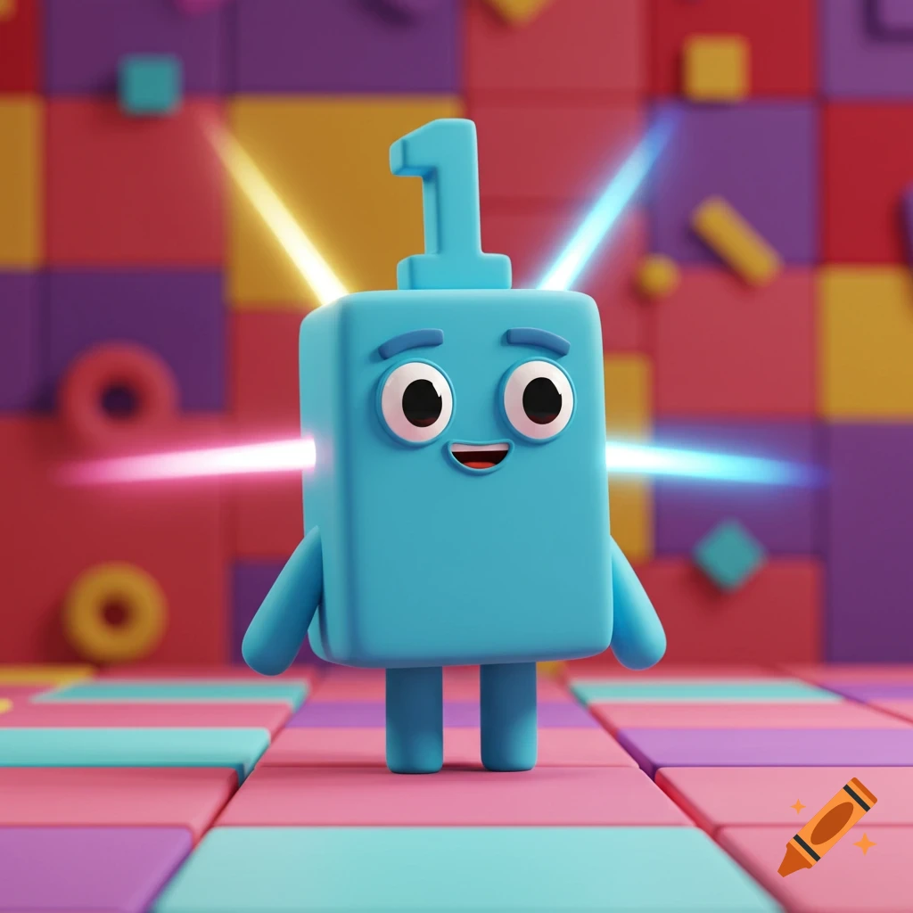 A smiling, light blue, blocky 3D animated character with the number 1 on its head stands on a colorful tiled floor.