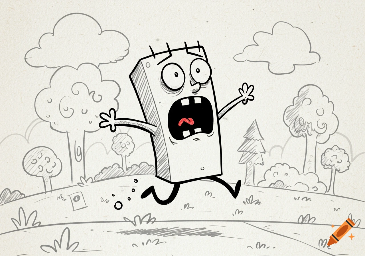 A black and white cartoon sketch of a rectangular character with a screaming face and flailing arms running through a simple outdoor landscape.